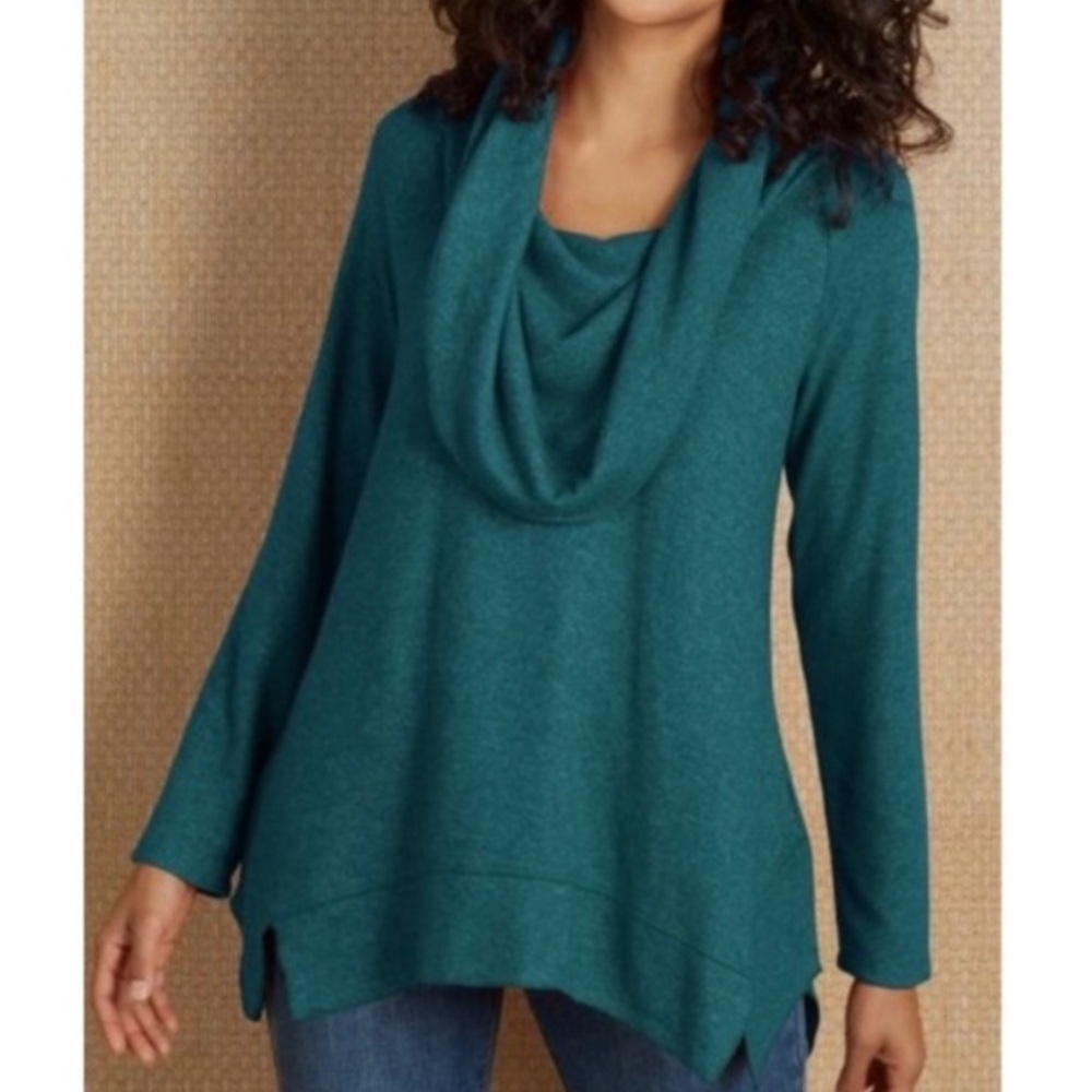 Soft Surroundings Ava Teal‎ Oversized Cowl Neck Tunic Sweater Size Medium